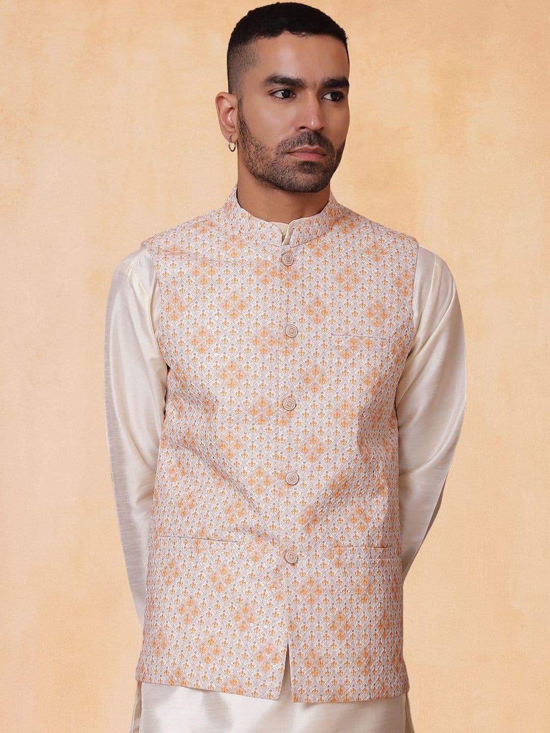 Jompers Men Floral Printed and Embroidered Mandarin Collar Nehru Jacket - view 1
