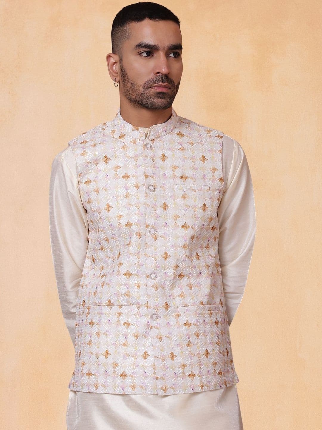 Jompers Men Floral Printed and Embroidered Mandarin Collar Nehru Jacket - view 1