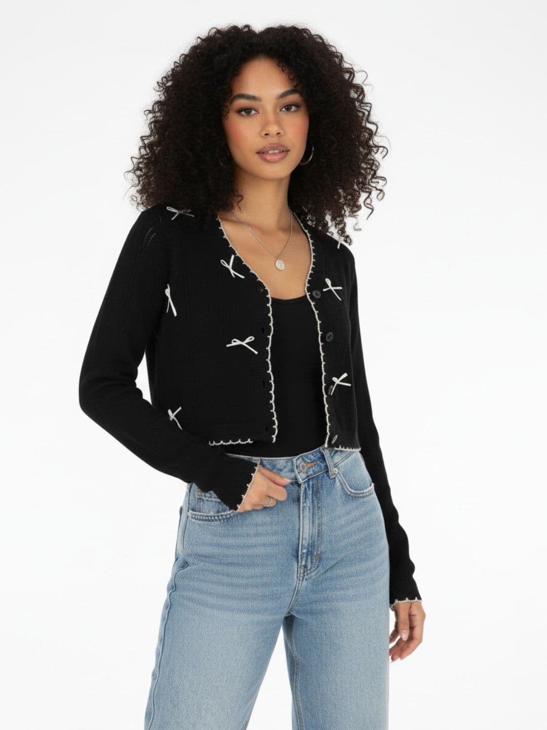 glitchez Open Knit Self Design V-Neck Cardigan With Bow Detail - view 1