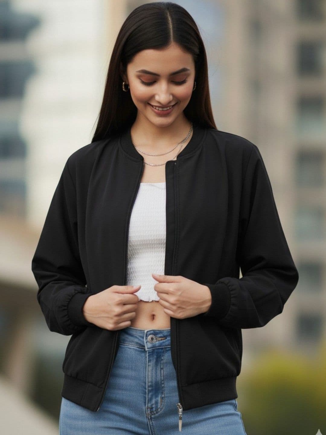 Leotude Women Stand Collar Solid Bomber Jacket - view 1