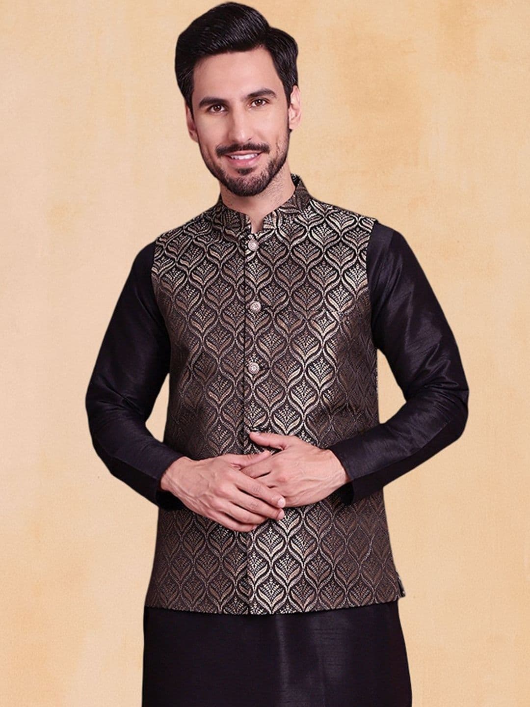Jompers Woven Design Mandarin Collar Nehru Jacket - view 1