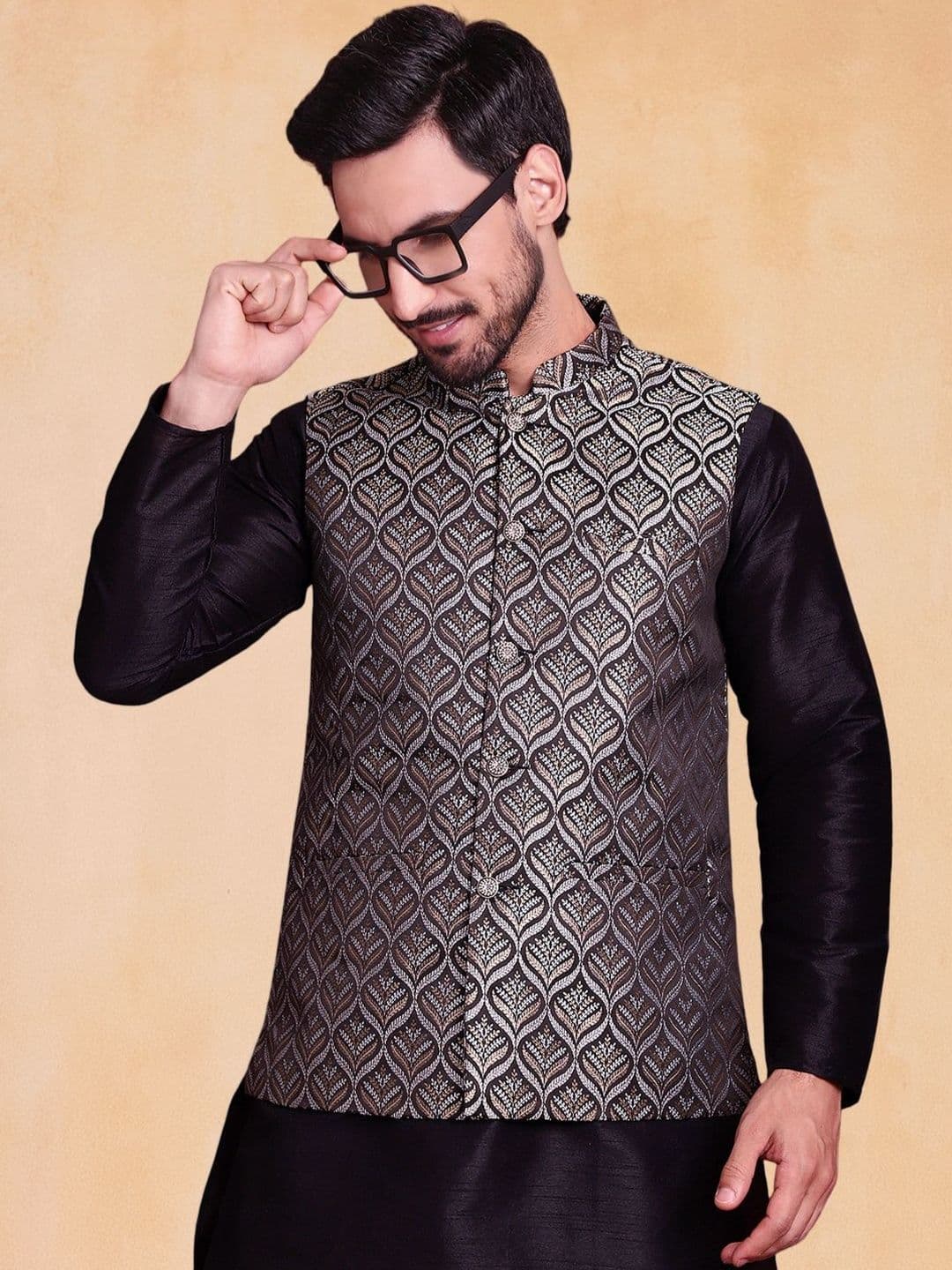 Jompers Woven Design Mandarin Collar Nehru Jacket - view 1