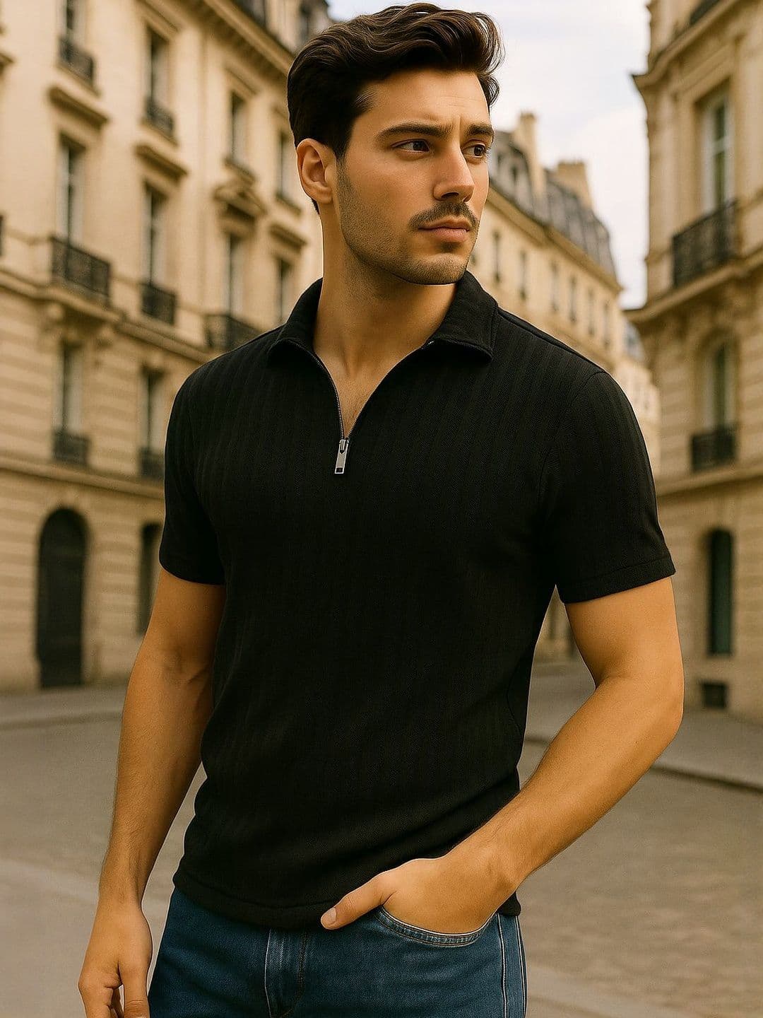 SZN Men Solid Polo Collar Regular Fit T-shirt with Zipper - view 1