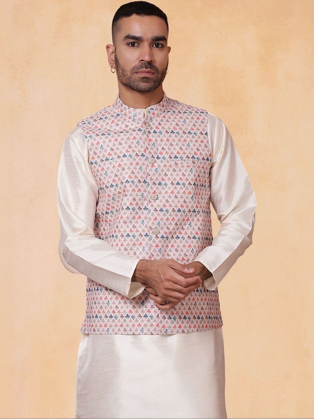 Jompers Men Floral Printed Embroidered Mandarin Collar Nehru Jacket - view 1