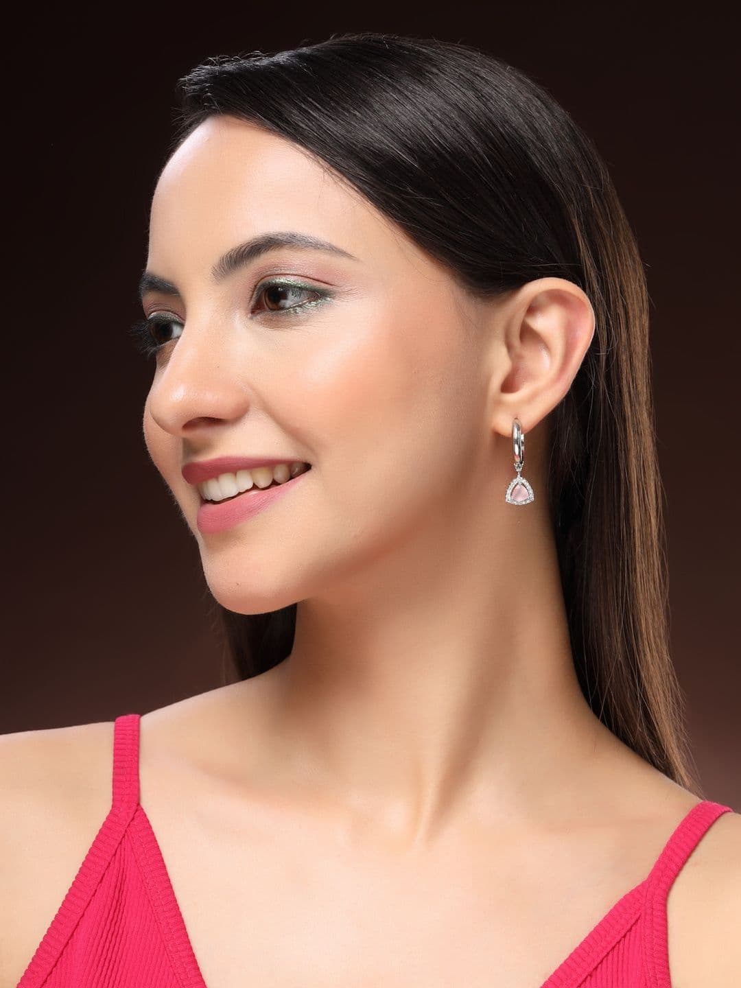ZENEME Rhodium Plated American Diamond Studded Hoop Earrings - view 1