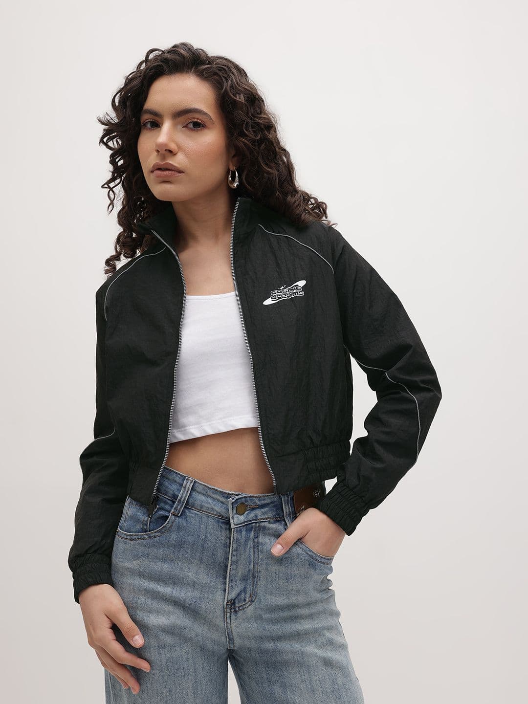 The Roadster Life Co. Mock Collar Cropped Tailored Jacket With Contrast Piping - view 1