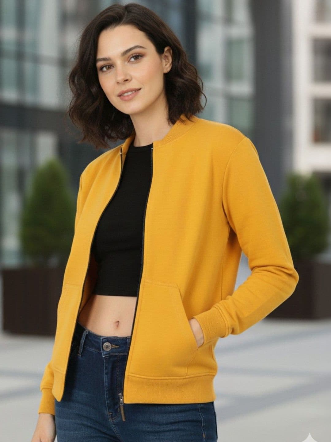 Leotude Women Mandarin Collar Solid Bomber Jacket - view 1