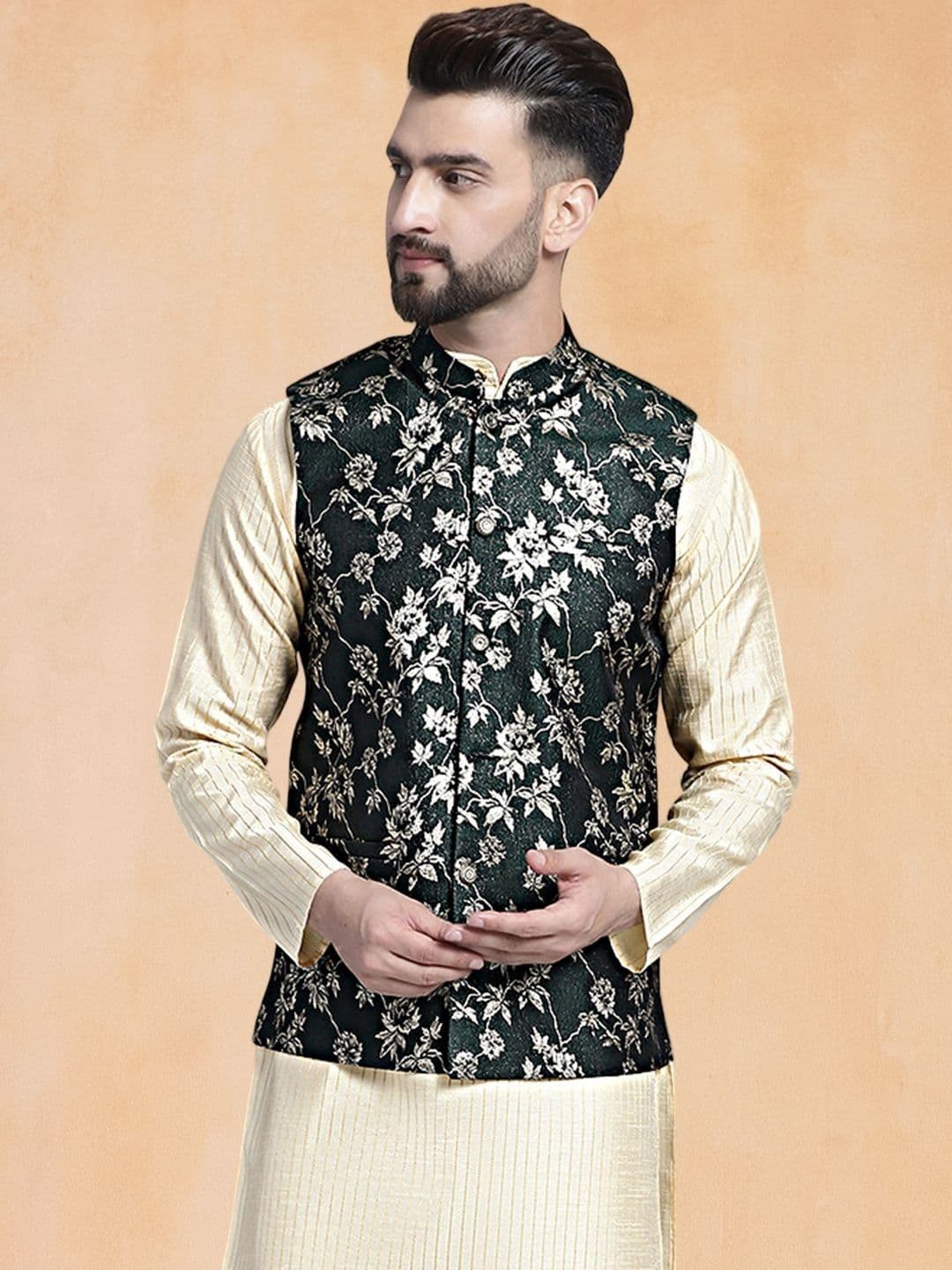 Jompers Men Woven Design Mandarin Collar Nehru Jacket - view 1