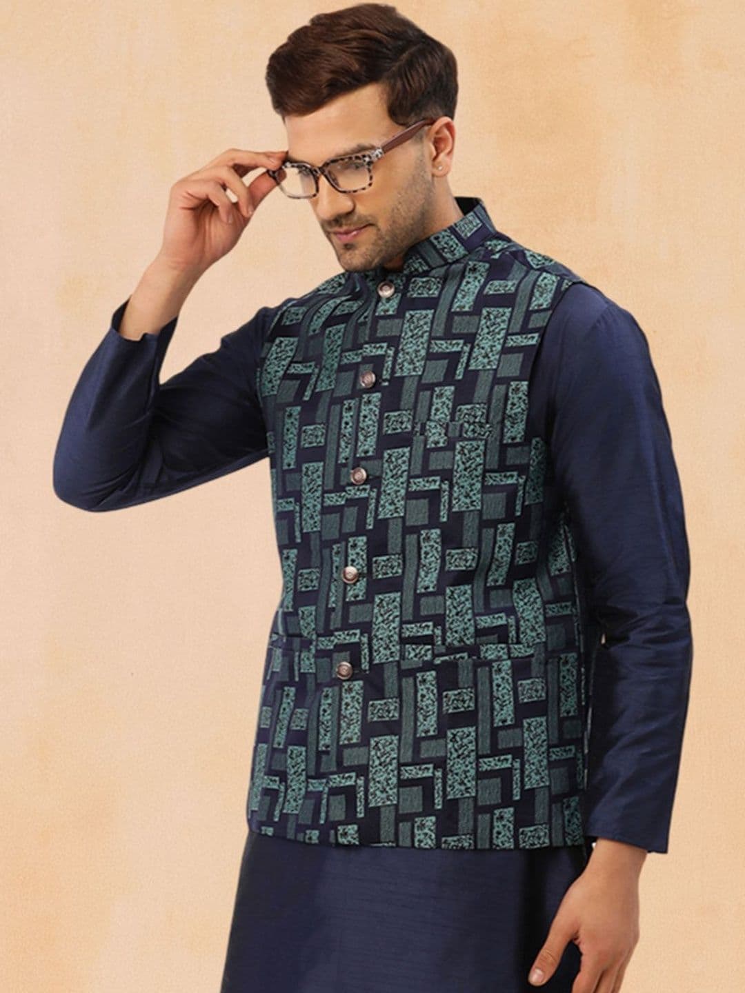 Jompers Woven Design Mandarin Collar Nehru Jacket - view 1
