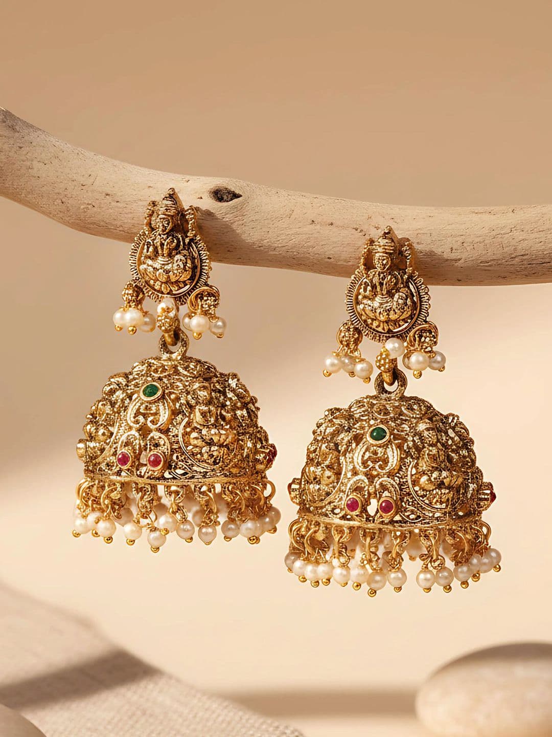KARATCART Gold-Plated Stone Studded & Beaded Laxmi Mata Jhumkas - view 1