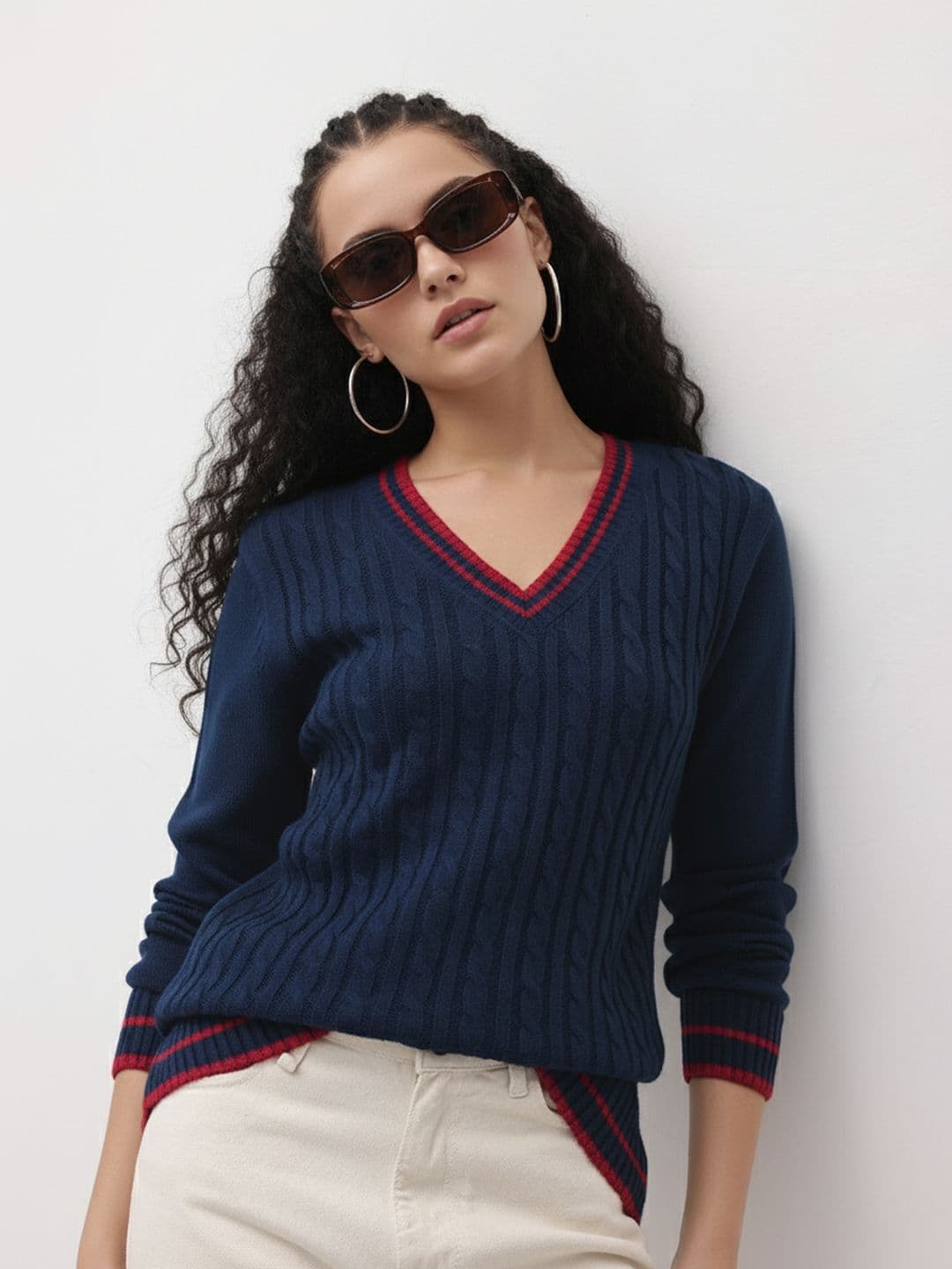 The Roadster Life Co. Contrast Striped Pure Acrylic Cable Knit Pullover - view 1