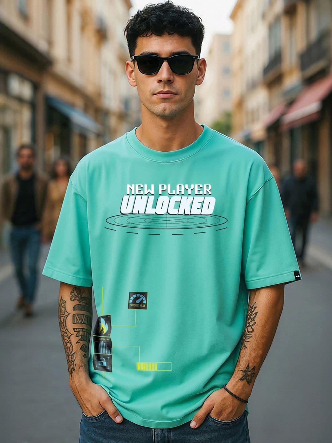 Bewakoof Heavy Duty Men Pool Blue New Player Graphic Printed Oversized T-shirt - view 1