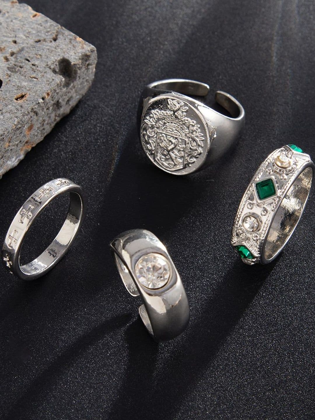 StyleCast x Revolte Men Set Of 4 Silver-Plated Stone-Studded Finger Ring - view 1