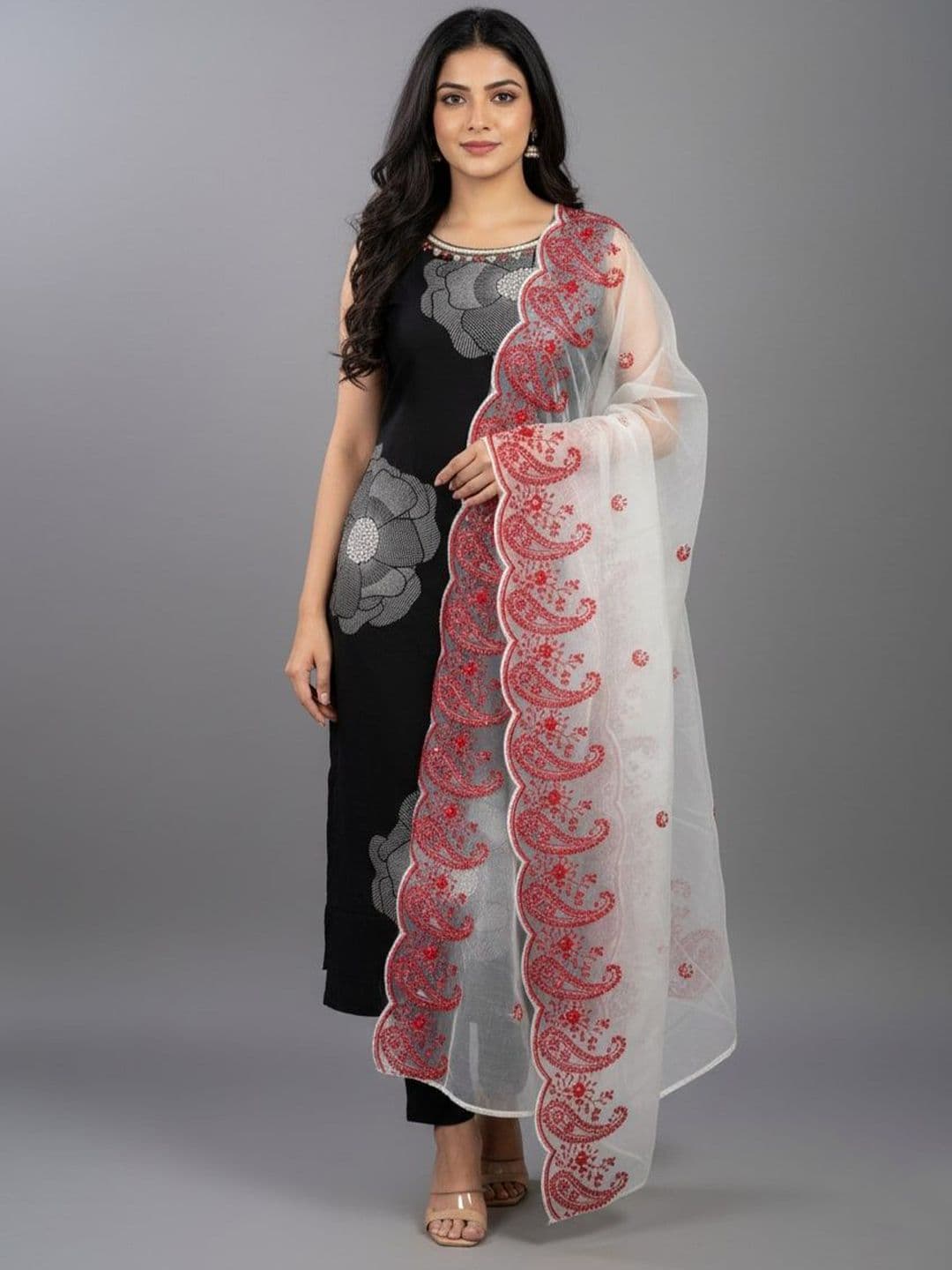 Sangria Paisley Embroidered Dupatta with Scalloped Border - view 1