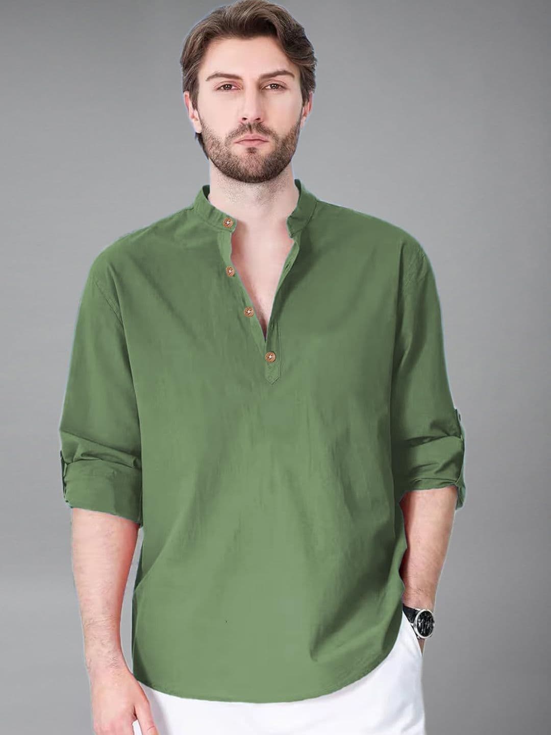 VIBEPRINT Band Collar Roll-Up Sleeves Cotton Straight Short Kurta - view 1