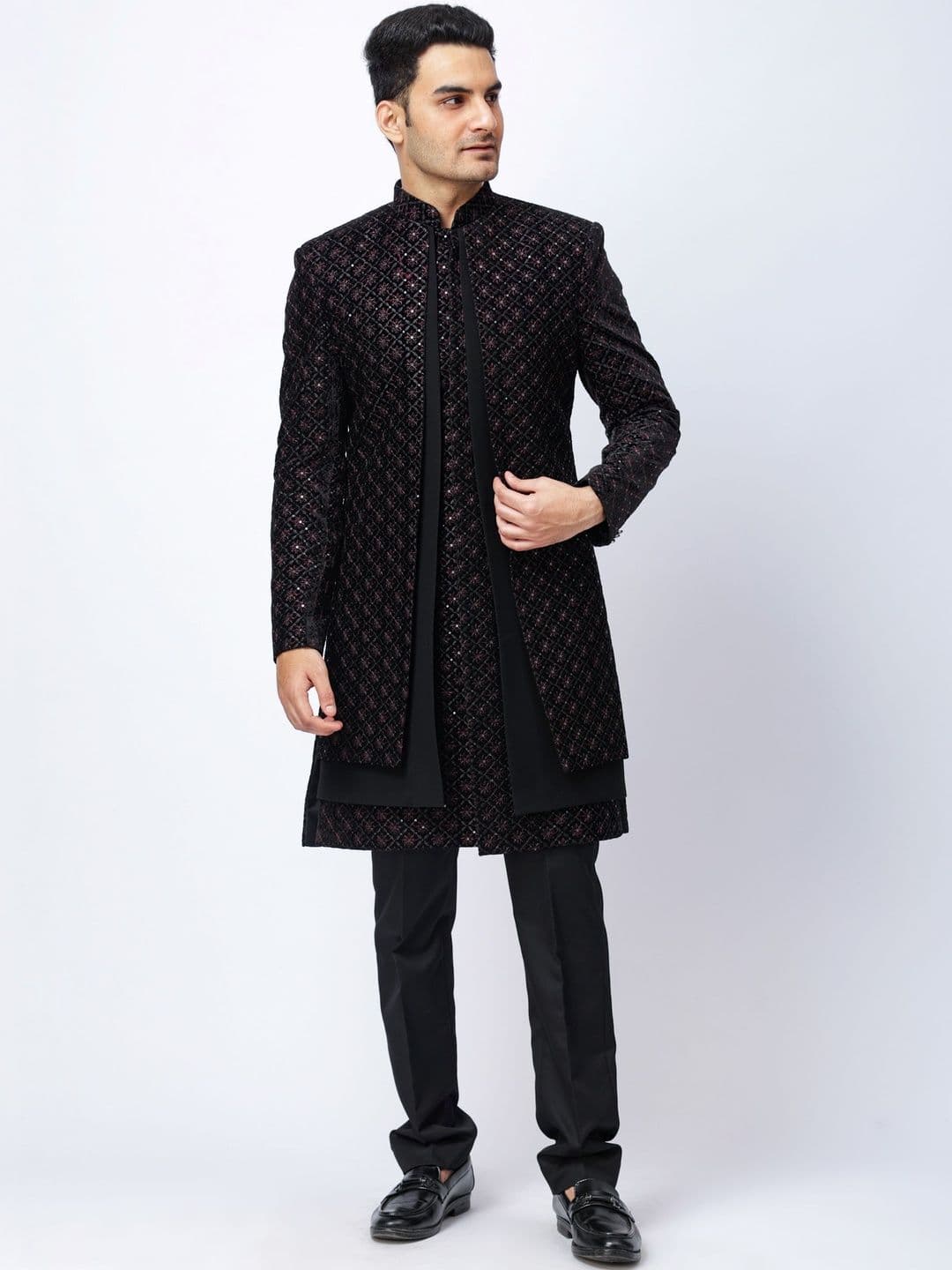 Aesthelia Men Embroidered Knee Length Mandarin Collar Regular 3-Piece Sherwani Set - view 1