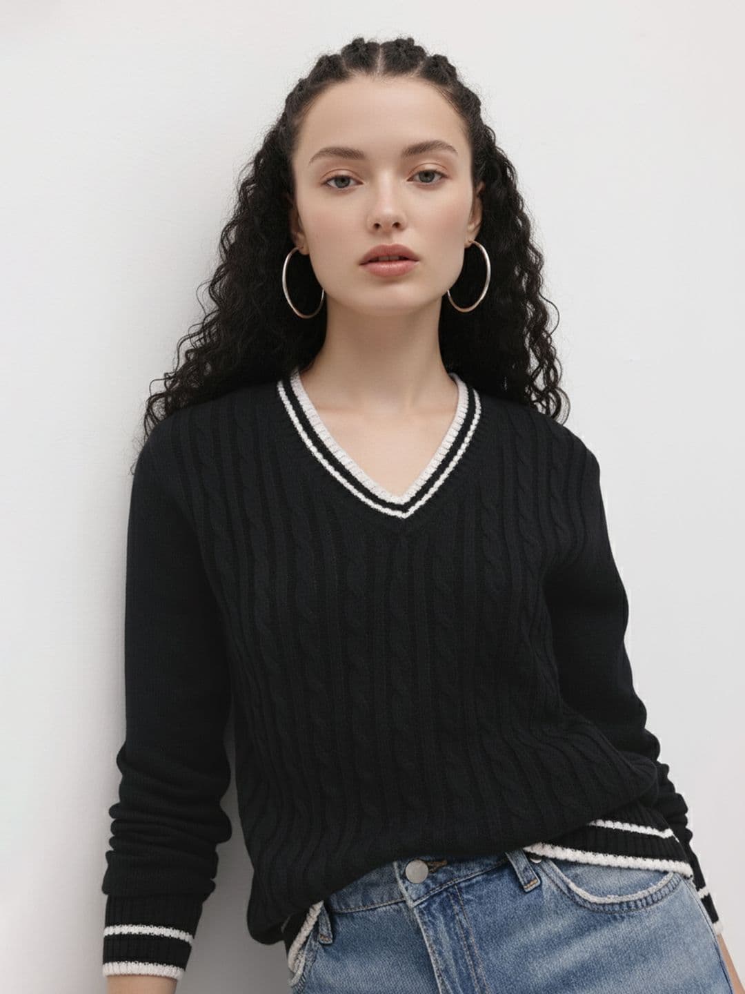 The Roadster Life Co. Contrast Striped Pure Acrylic Cable Knit Pullover - view 1