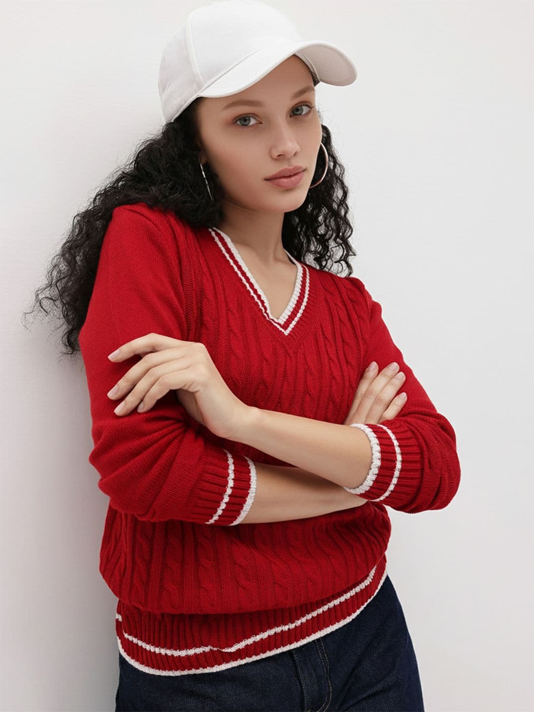 The Roadster Life Co. Contrast Striped Pure Acrylic Cable Knit Pullover - view 1