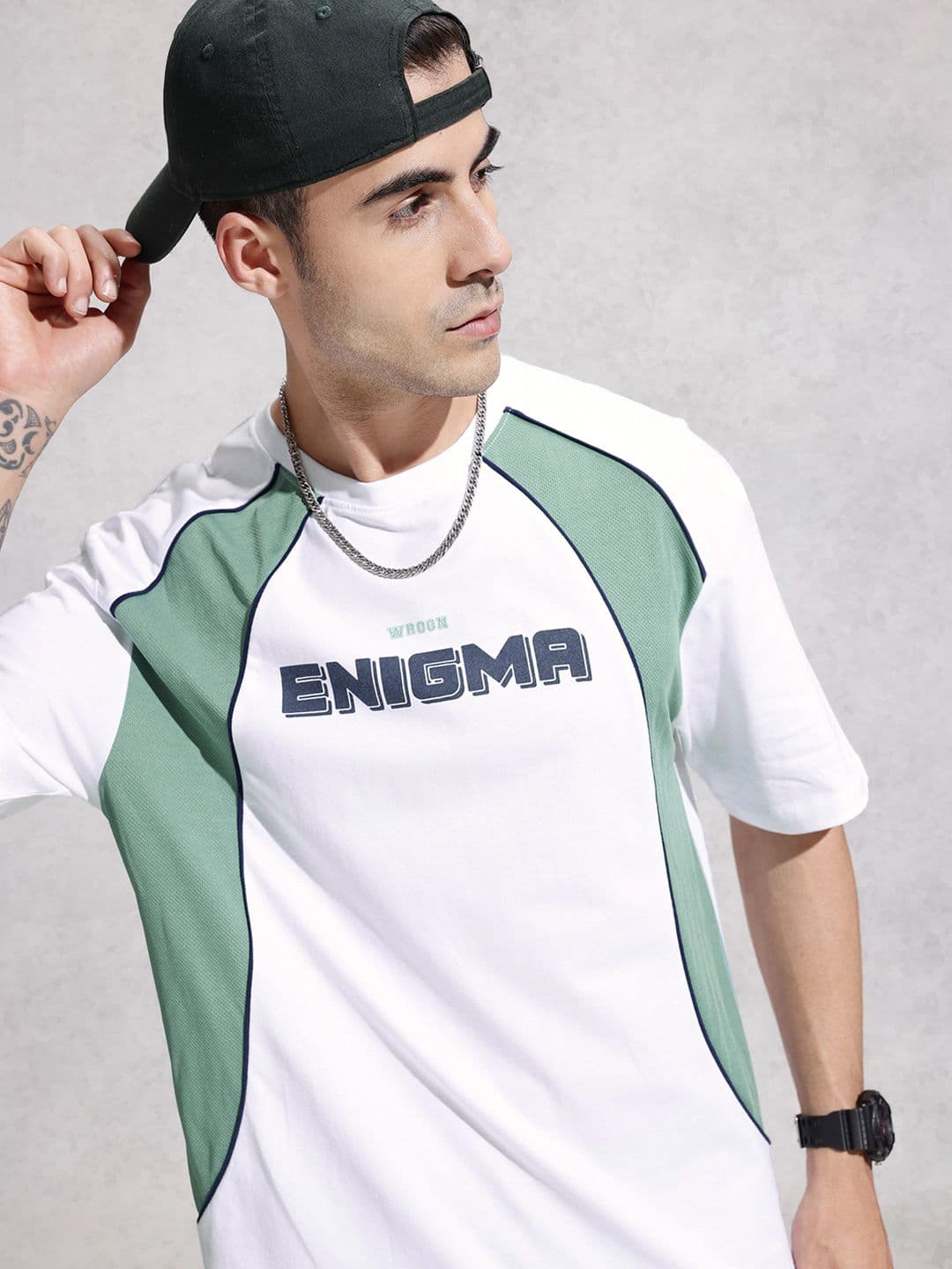 WROGN Oversized Fit Colourblocked Typography Printed Pure Cotton T-shirt - view 1