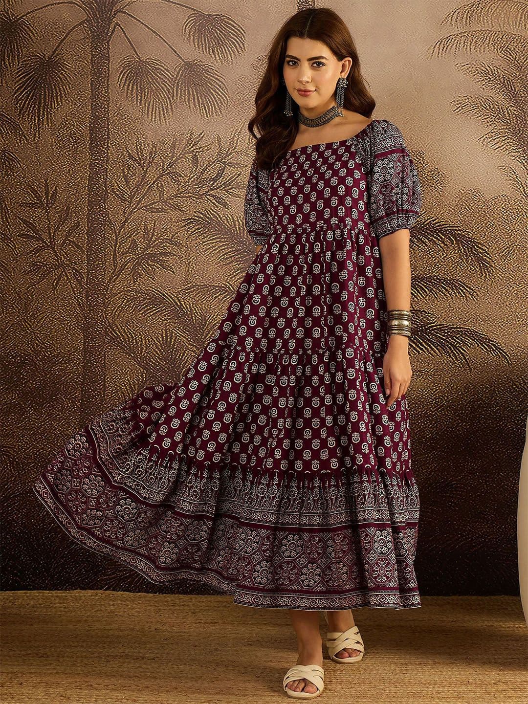 Sangria Printed Pure Cotton Empire Ethnic Dress - view 1