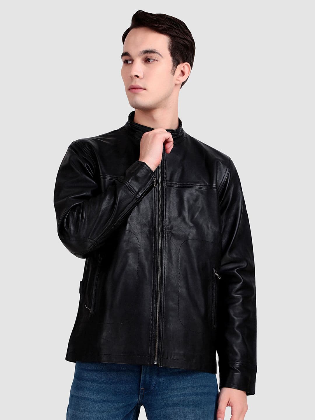 MaheTri Men Mandarin Collar Midnight Rider Black Leather Jacket - view 1