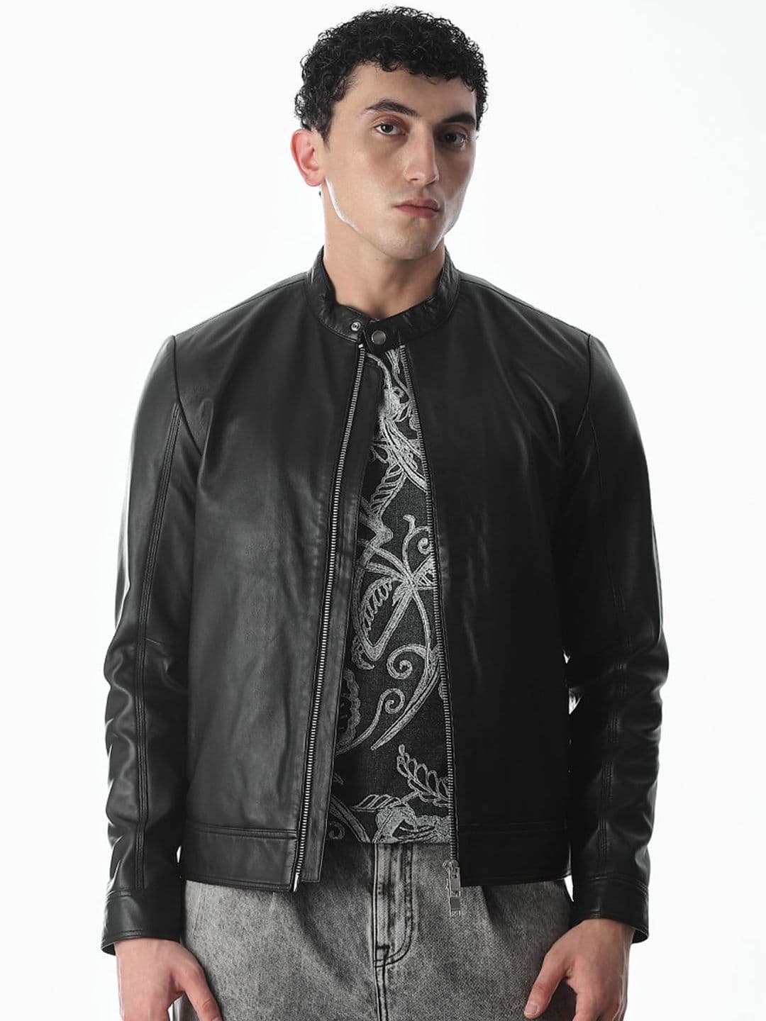 Jack & Jones Men Mandarin Collar Solid Leather Jacket - view 1