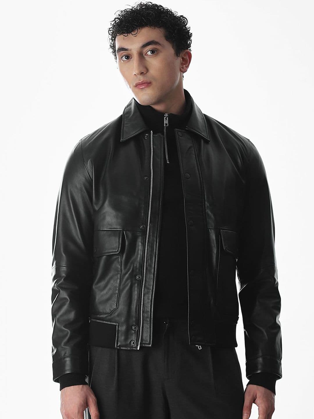 Jack & Jones Men Spread Collar Solid Leather Jacket - view 1