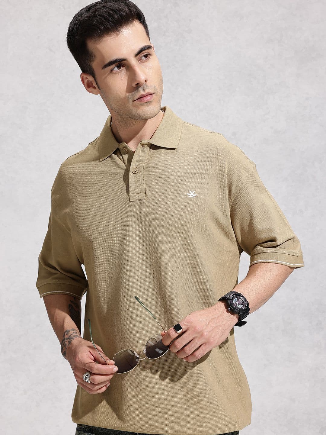 WROGN Drop-Shoulder Sleeves Pure Cotton Oversized Polo Collar T-shirt - view 1