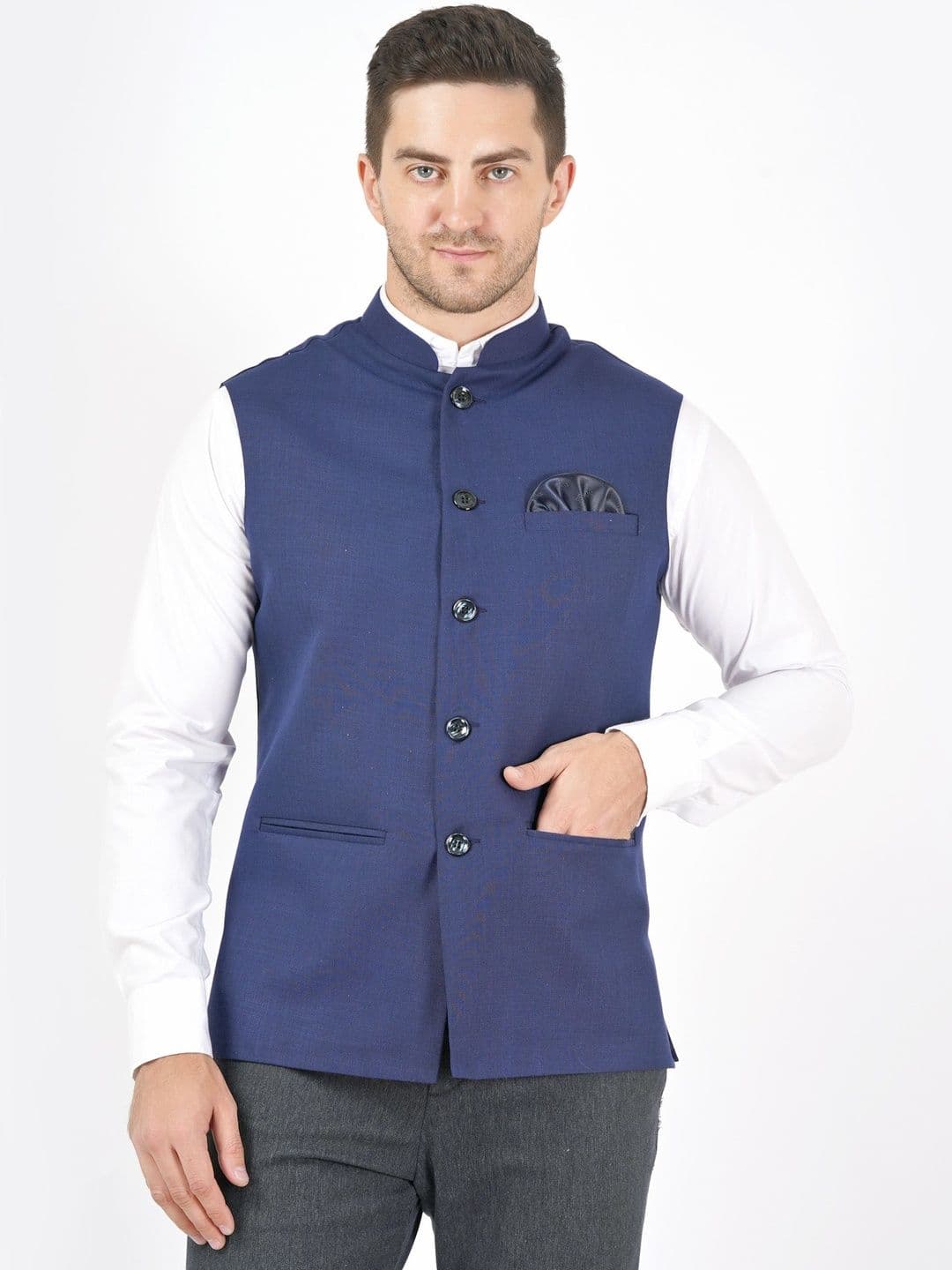 Badoliya & Sons Cotton Linen Woven Nehru Jacket With Pocket Square - view 1