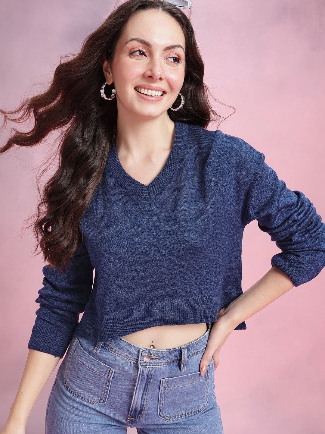 DressBerry V-Neck Grindle Effect Cropped Pullover - view 1