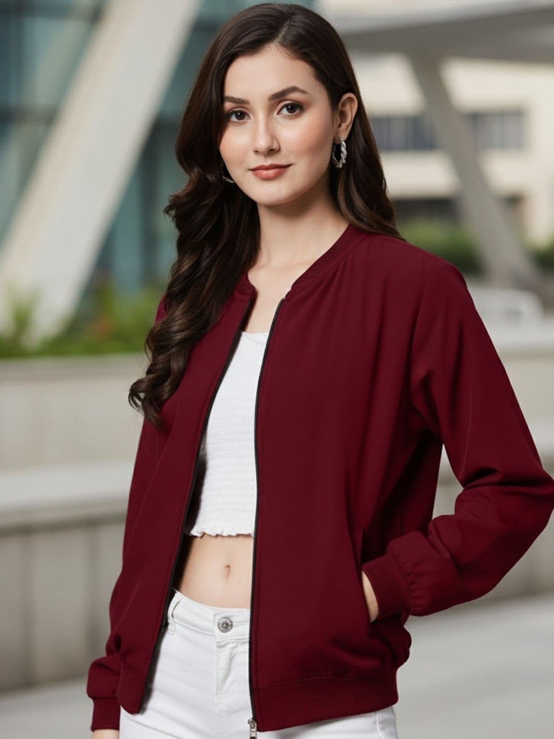 Leotude Women Collarless Solid Bomber Jacket - view 1