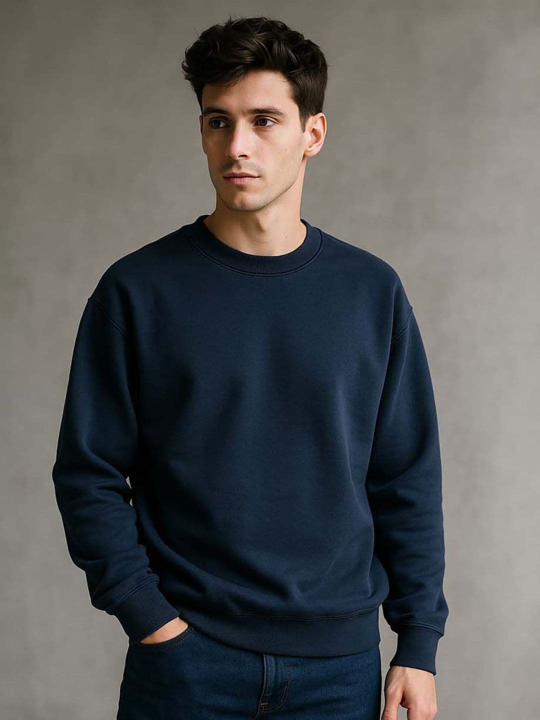 Organic Chics Men Solid Round Neck Navy Fleece Sweatshirt - view 1