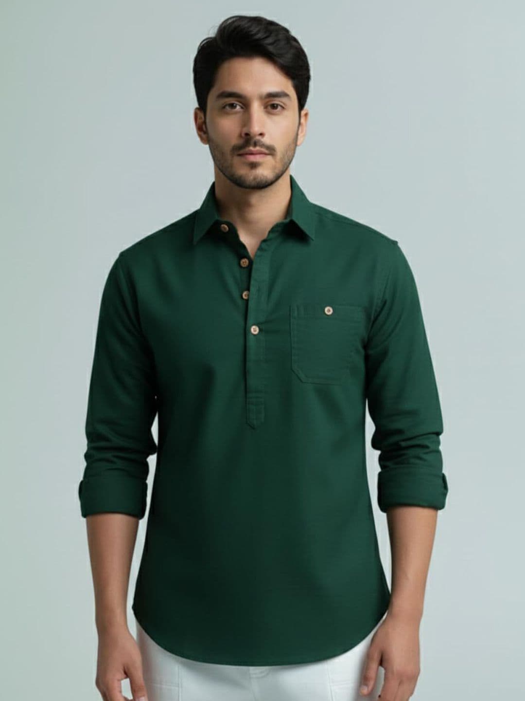 Vida Loca Shirt Collar Roll-Up Sleeves Cotton Straight Kurtas - view 1
