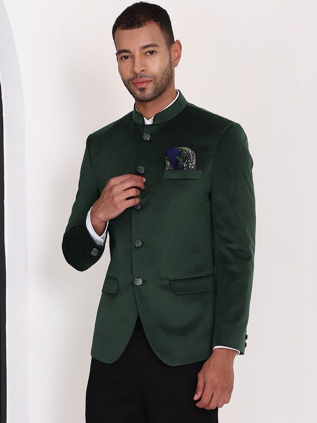MANQ Men Slim Fit Mandarin Collar Single-Breasted Bandhgala Suits - view 1
