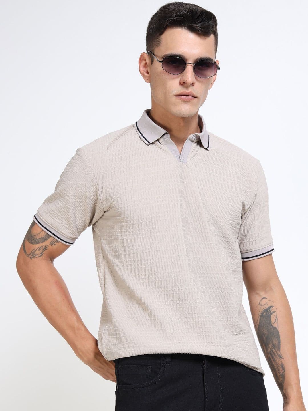 THE BEETEL HOUSE Men Textured Polo Collar Short Sleeve T-shirt - view 1