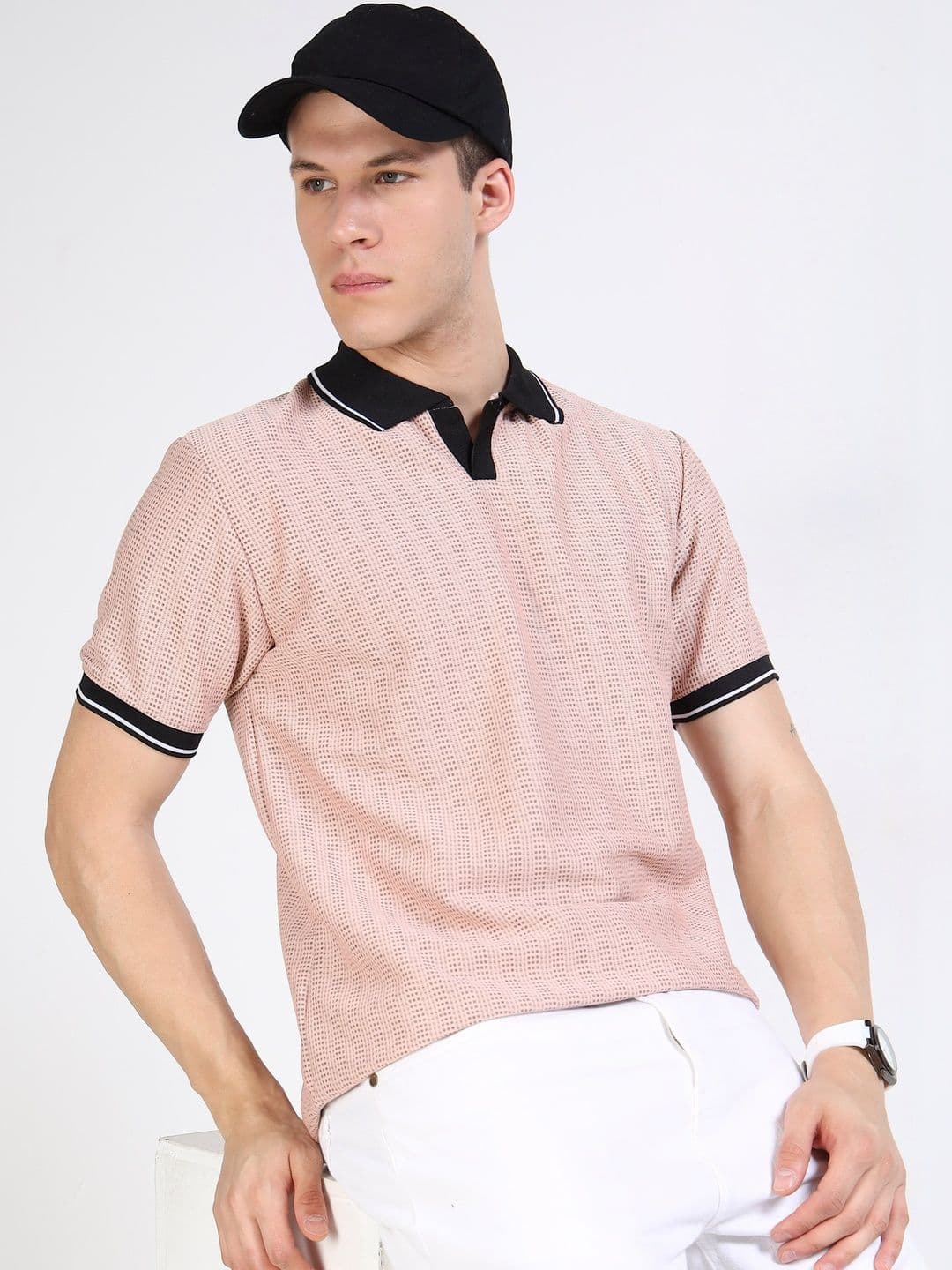 THE BEETEL HOUSE Men Textured Knitted Polo Collar Short Sleeve T-shirt - view 1