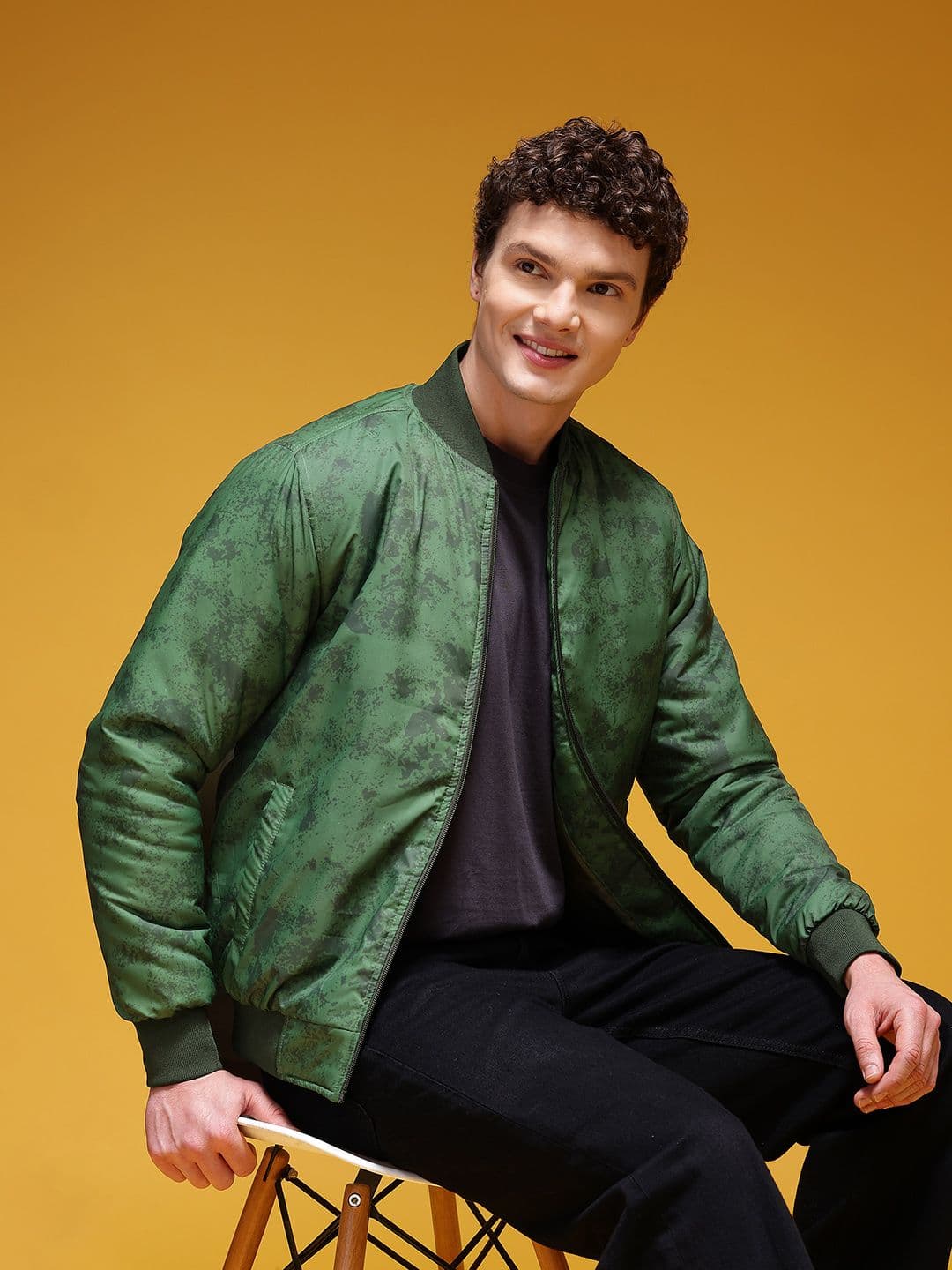 HERE&NOW Abstract Printed Stand Collar Padded Bomber Jacket - view 1