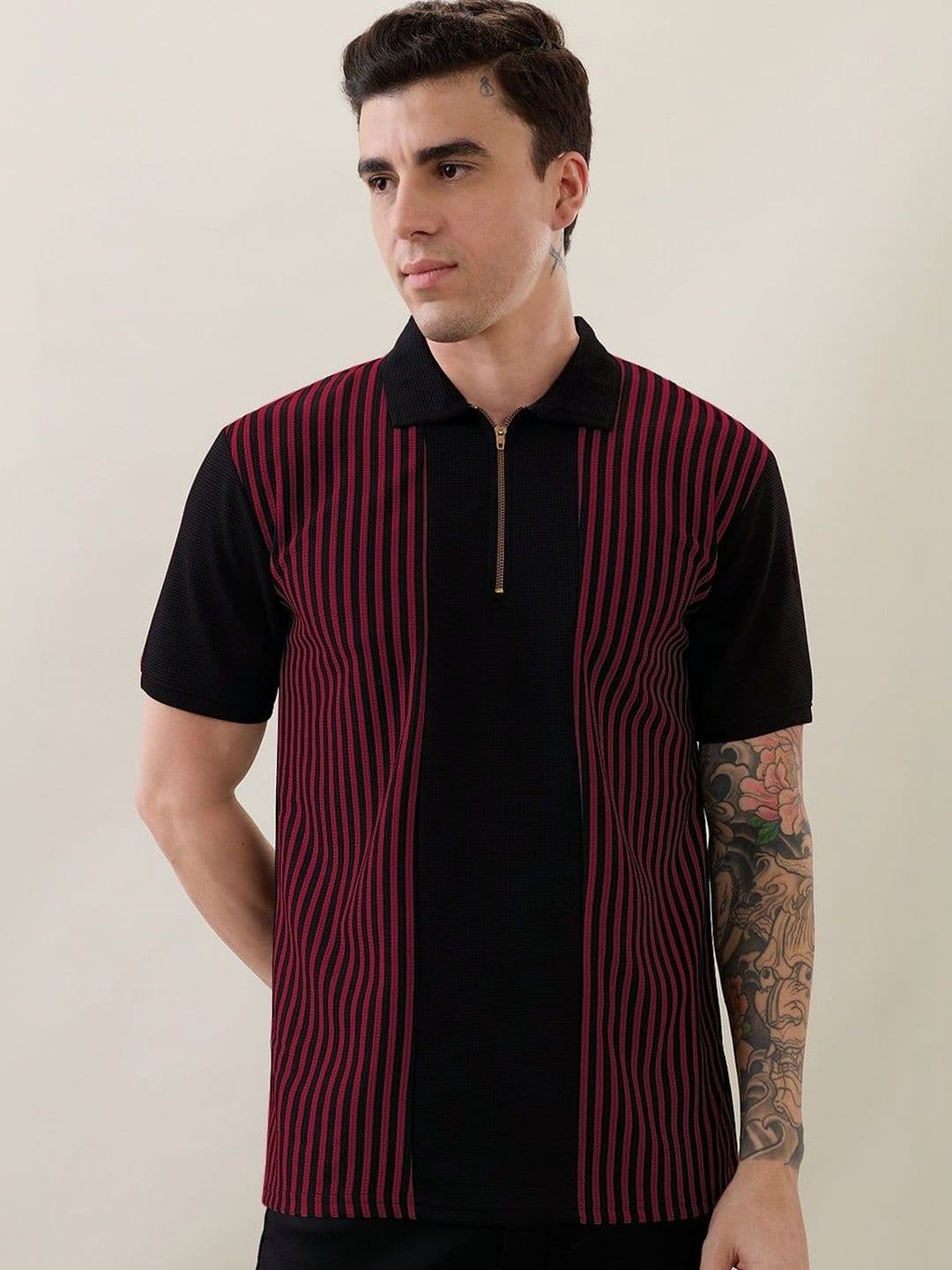 KAJARU Men Striped Polo Collar Zipper T-shirt - view 1