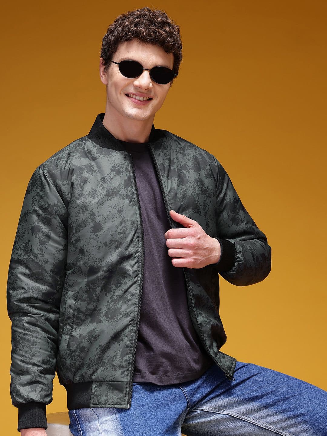 HERE&NOW Abstract Print Stand Collar Padded Bomber Jacket - view 1
