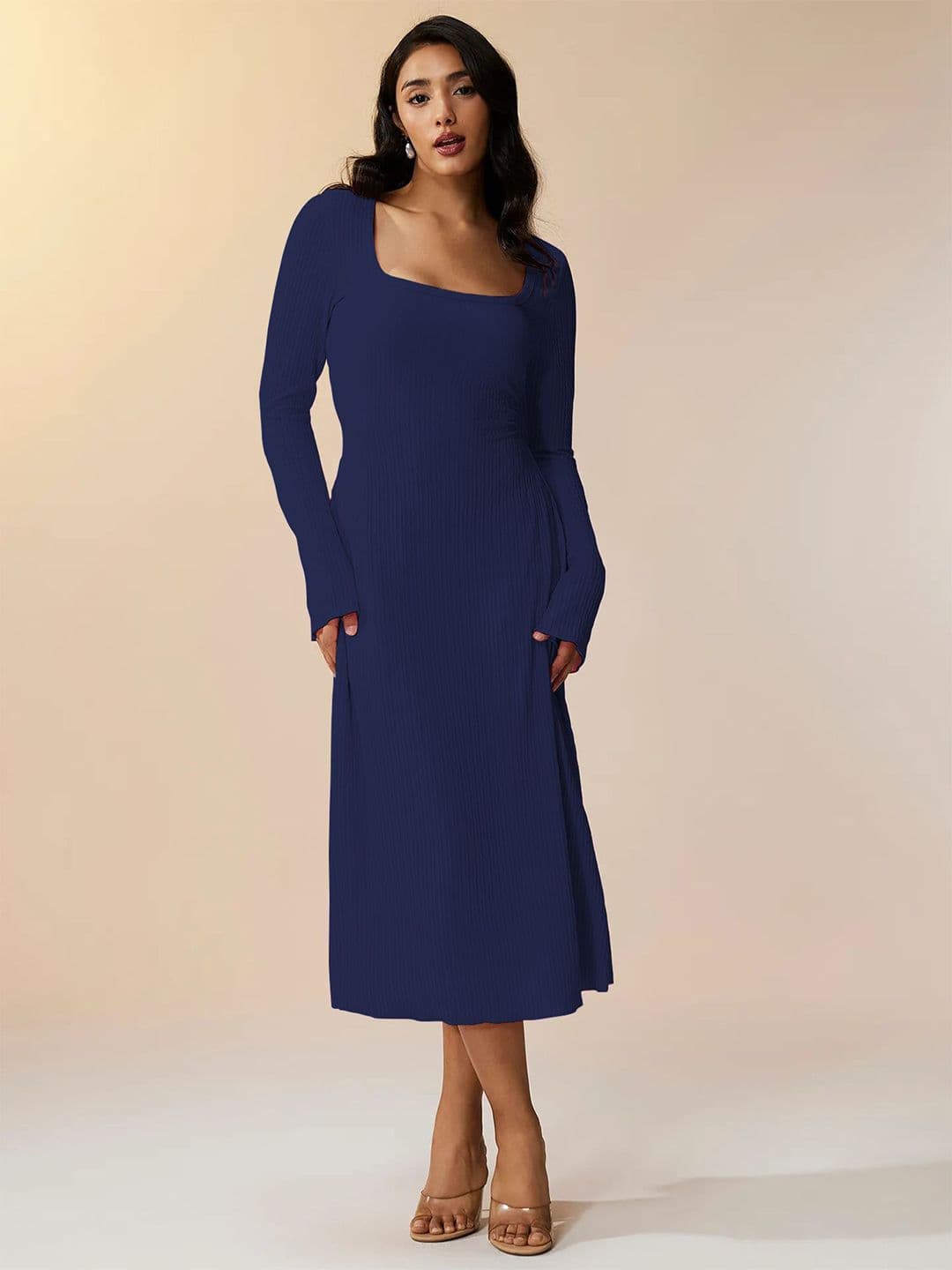 Sugathari Women Square Neck Long Sleeve Knitted Stretchable Winter Midi A-Line Dress - view 1