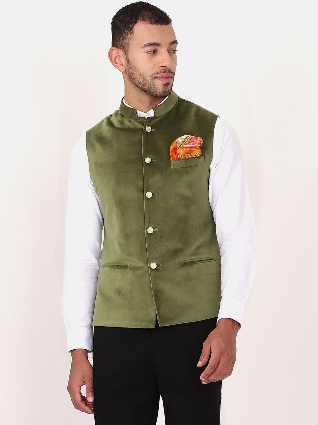 MANQ Men Slim-Fit 3-Piece Solid Nehru Jacket & Trouser Suit - view 1