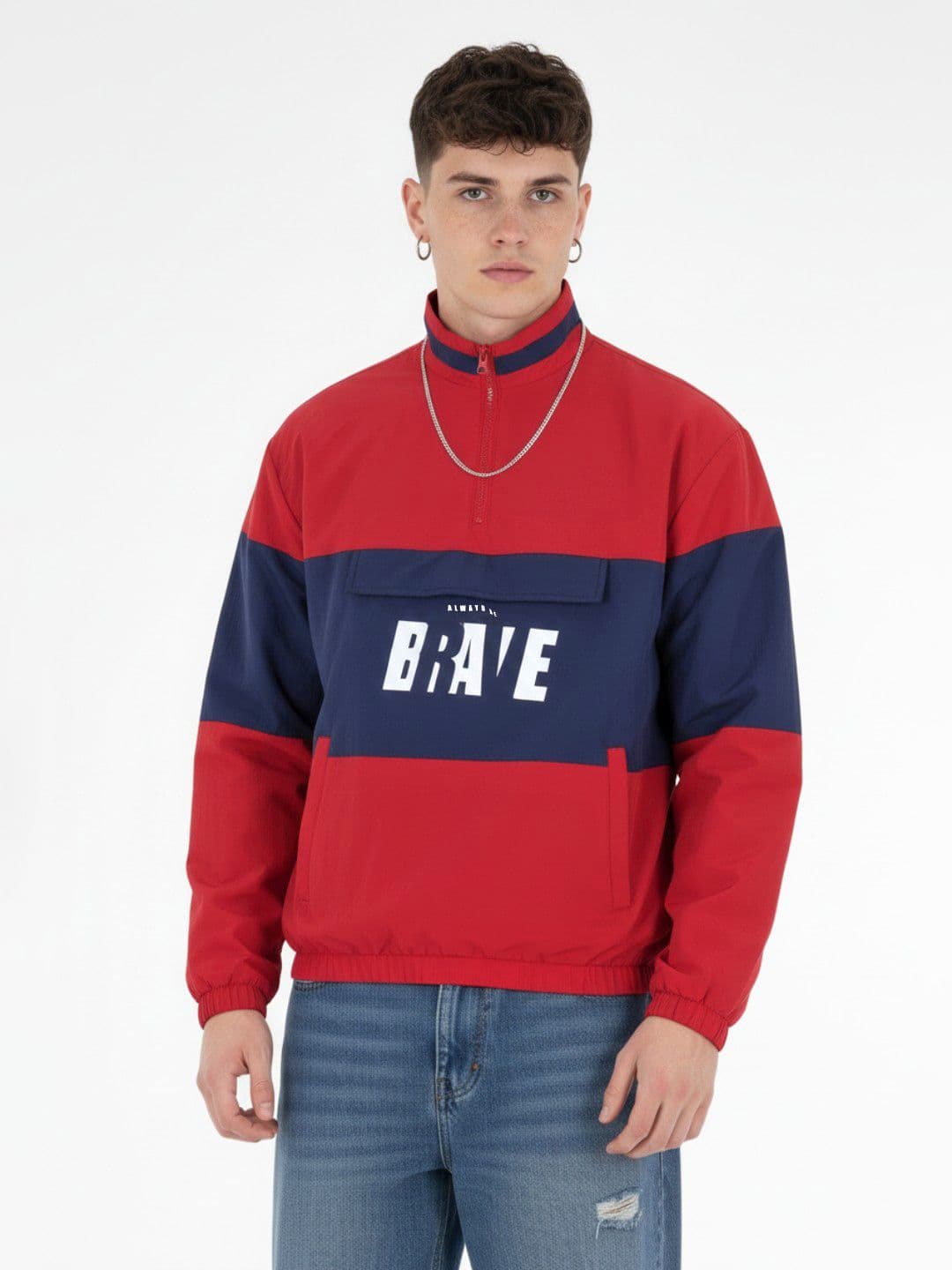 glitchez Colorblocked Typography Printed Mock Collar Bomber Jacket with Flap Detail - view 1