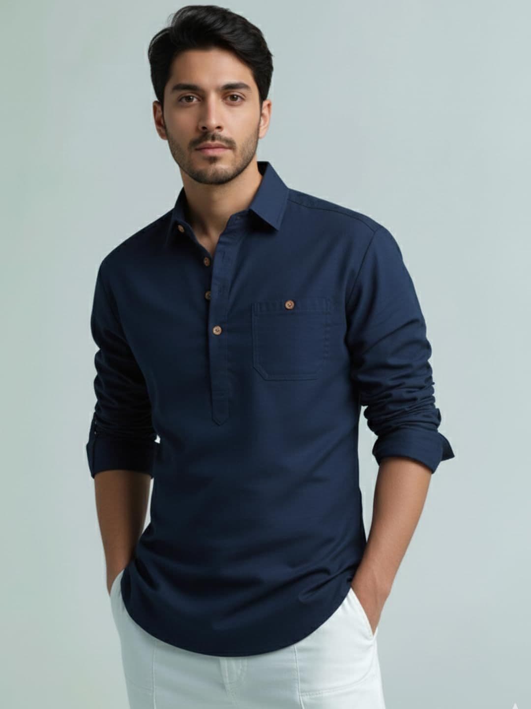 Vida Loca Shirt Collar Roll-Up Sleeves Cotton Straight Kurtas - view 1