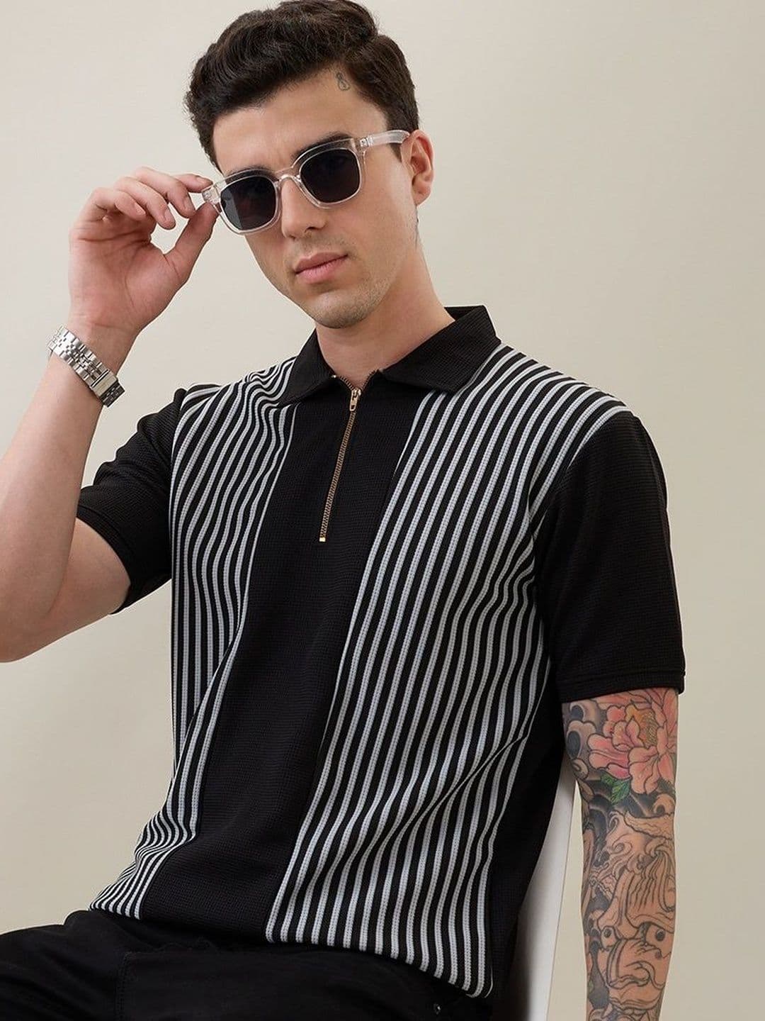 KAJARU Men Striped Polo Collar T-shirt - view 1
