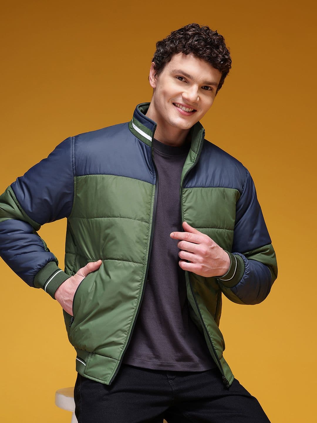 HERE&NOW Colourblocked Mock Collar Padded Bomber Jacket - view 1