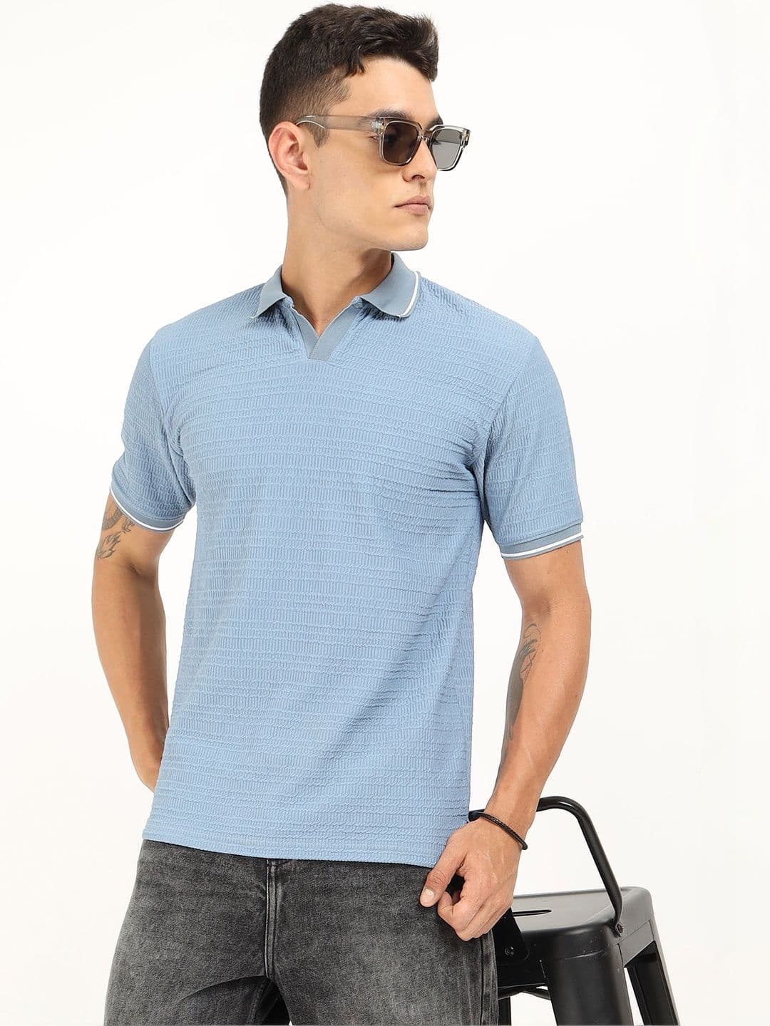 THE BEETEL HOUSE Men Textured Polo Collar T-shirt - view 1
