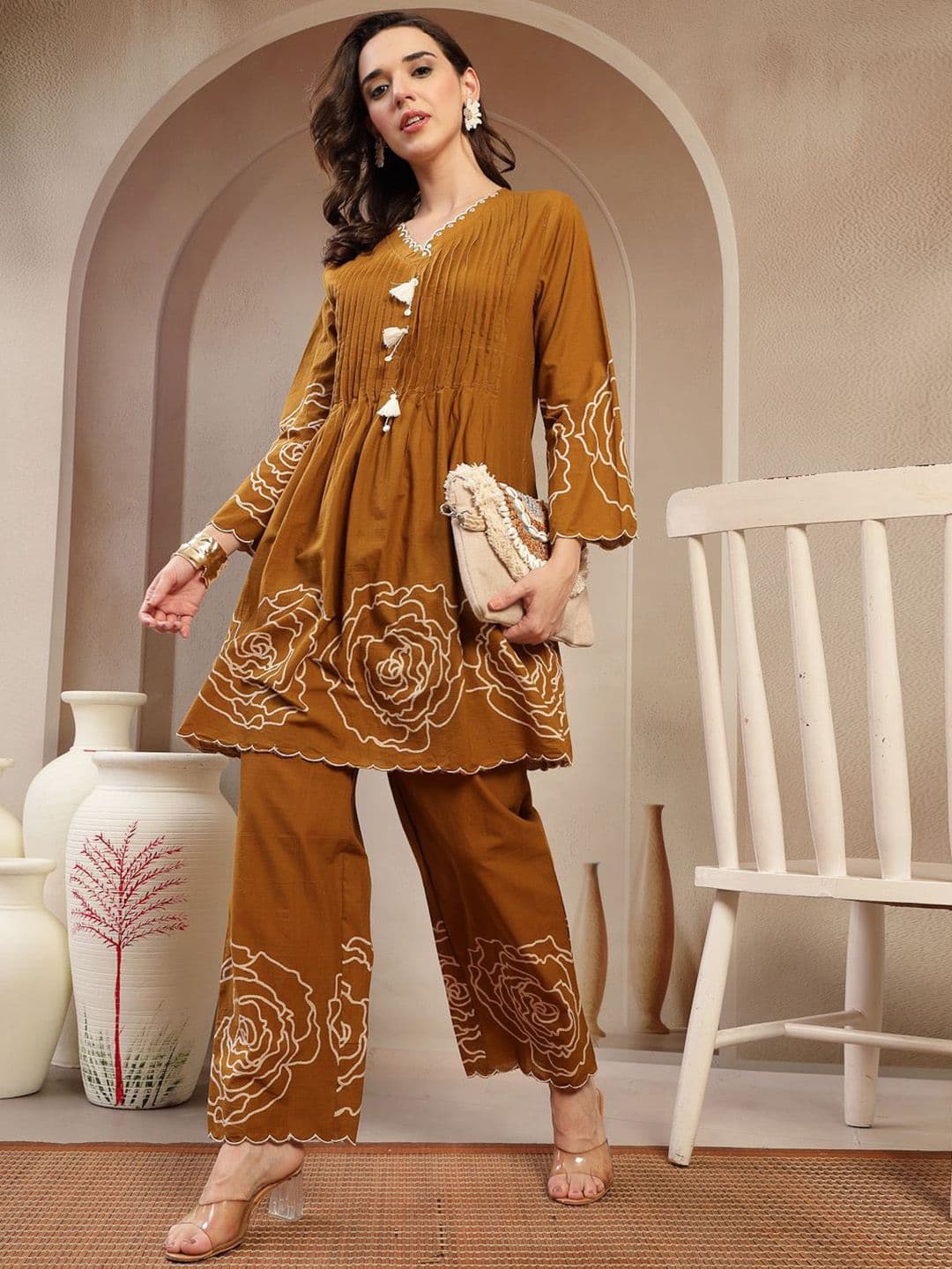 Stylum Embroidered V-Neck Pure Cotton Tunic & Palazzo - view 1