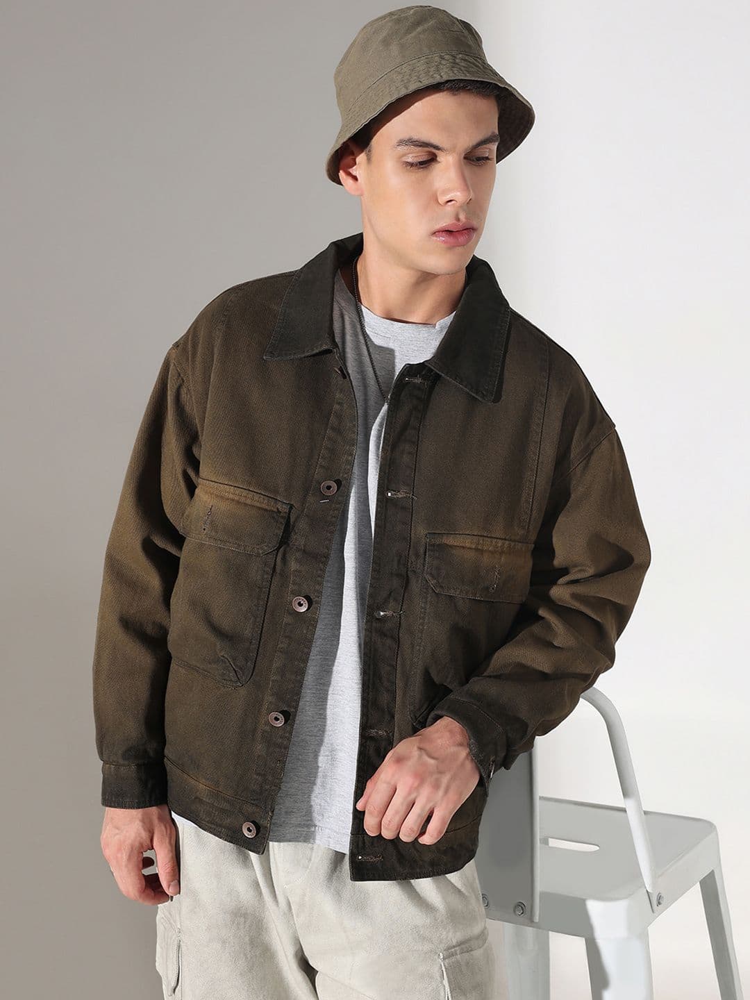 SHOWOFFFF Men Olive Solid Denim Jacket - view 1