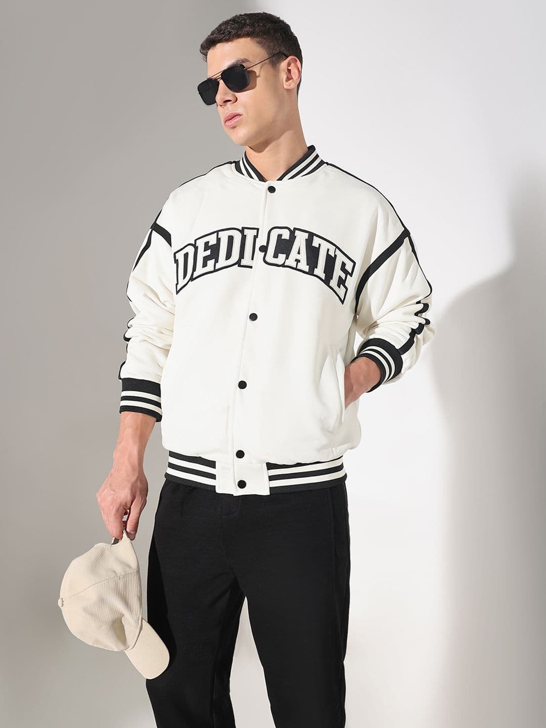 SHOWOFFFF Men White & Black Typography Print Mandarin Collar Oversized Cotton Varsity Jacket - view 1