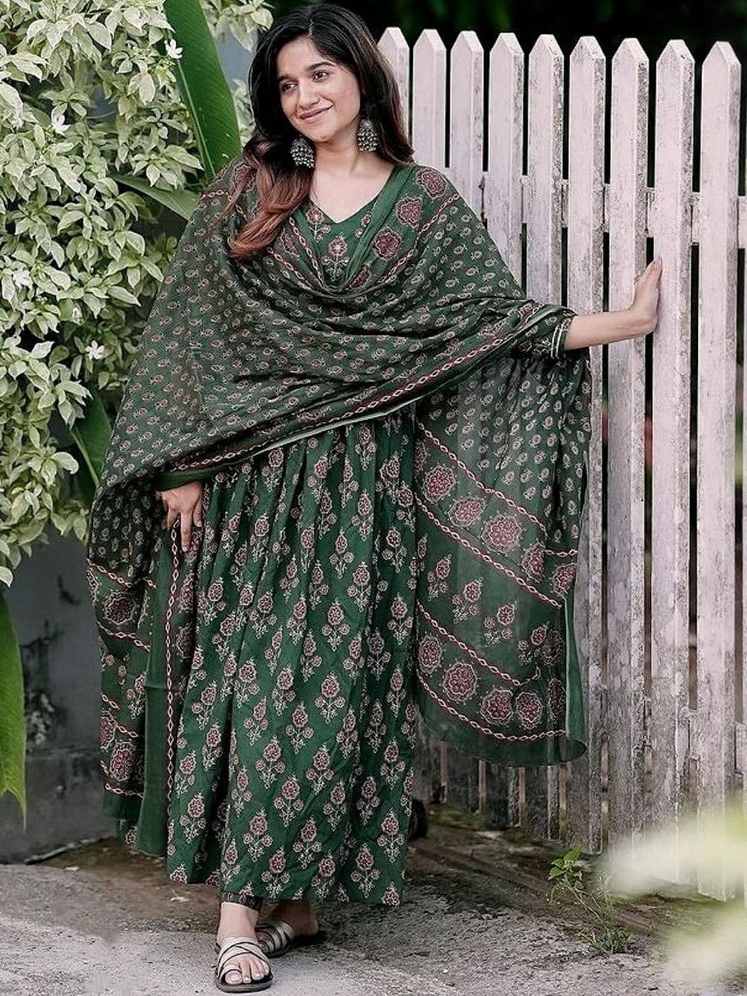 MANI EXPORTS Women Ethnic Motifs Printed V-Neck Anarkali Kurta with Trousers & Dupatta - view 1